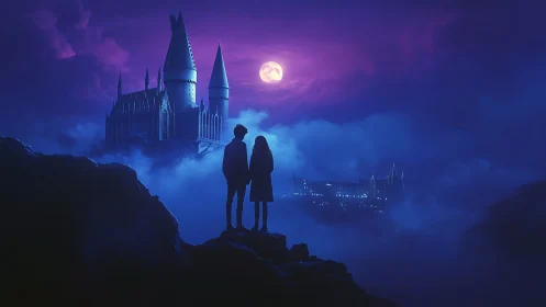 Moonlit castle vista with silhouetted couple in misty clouds.