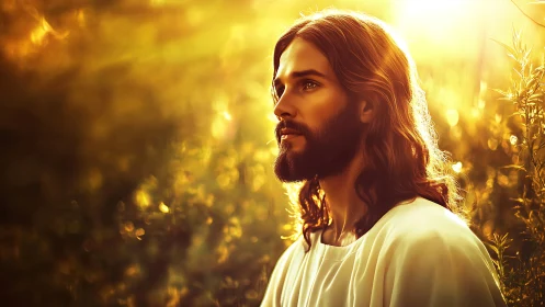 Bearded long haired man stands in warm golden sunset light