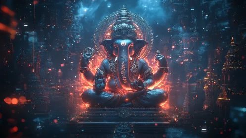 Radiant Ganesha statue glows in a futuristic sacred cityscape