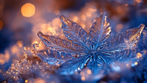 Glistening ice leaf resting in a dreamy winter glow.