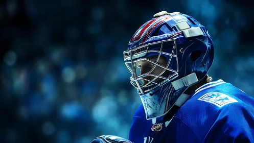 Hockey goaltender portrait in blue arena bokeh light.