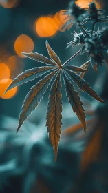 Backlit cannabis leaf glows softly against teal bokeh