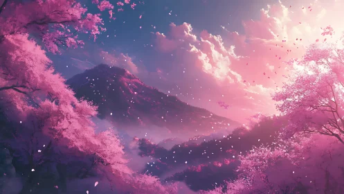 Blossomstorm over Dreaming Peaks at cotton-candy dusk.