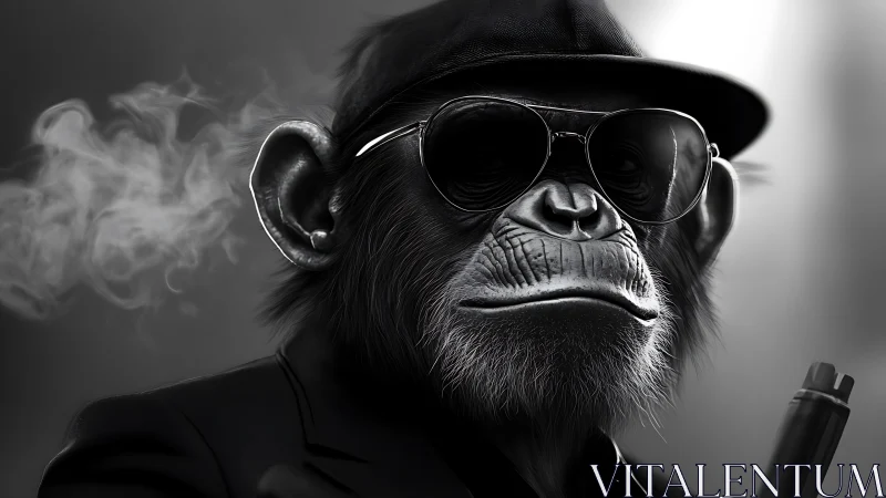 Chimpanzee hitman wears sunglasses in noir monochrome portrait.