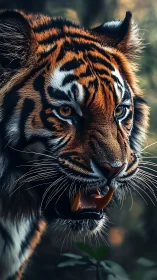 Ultra-detailed tiger portrait with bared fangs in forest light