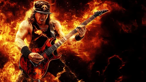 Guitar warrior forges molten riffs inside a roaring firestorm