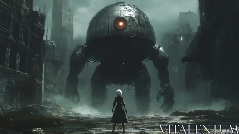 Brave wanderer faces a colossal robot in misty ruins.