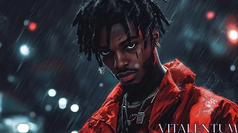 Moody street portrait of man in red jacket in heavy rain.