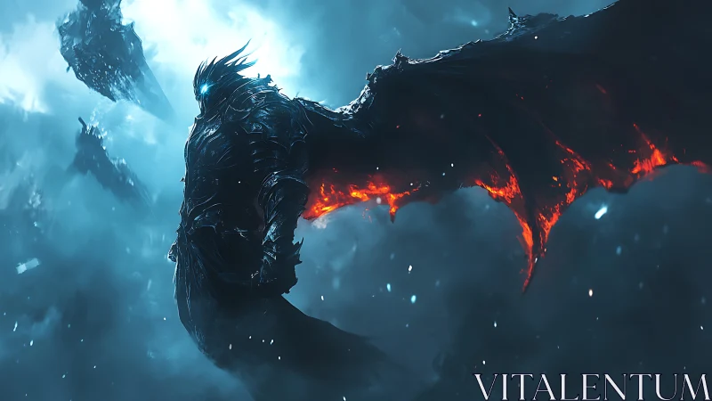 Armored winged figure stands in glowing blue storm clouds