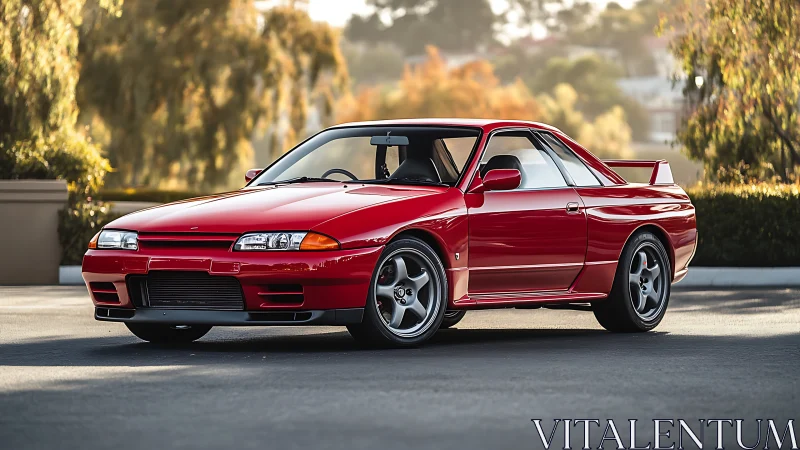 Crimson sports coupe in golden hour suburban streetscape.