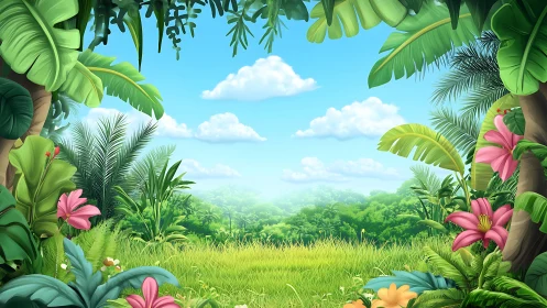 Lush tropical clearing opens under bright blue summer sky.