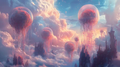Skyward jelly cities drift softly through burning cotton clouds
