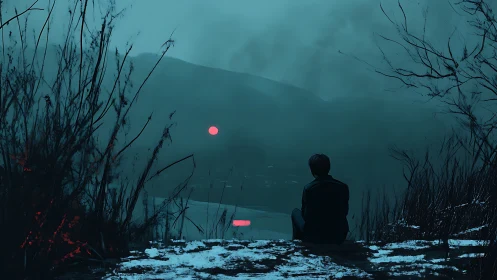 Solitary figure by misty lake under distant red sun.