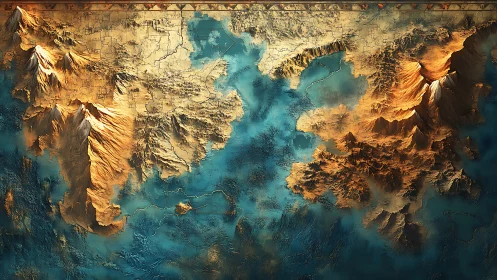 Relief map shows stylized mountainous landmasses amid water
