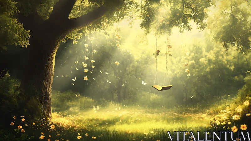 Digital fantasy glade with suspended book swing under tree.