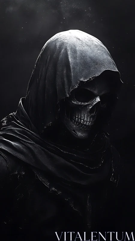 Hooded skeletal figure rendered in dark monochrome portrait.