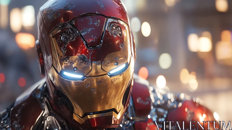 Close-up of metallic red and gold armored helmet at night.