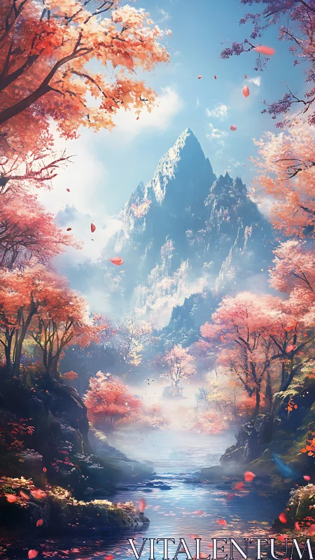 Crimson leaves serenade a mist-crowned mountain of quiet light