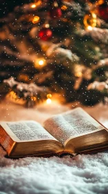 Open book in snow before decorated tree with lights.