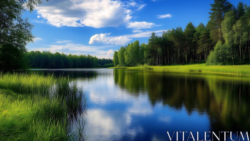 Tree-lined lake shoreline under blue sky with reflections.