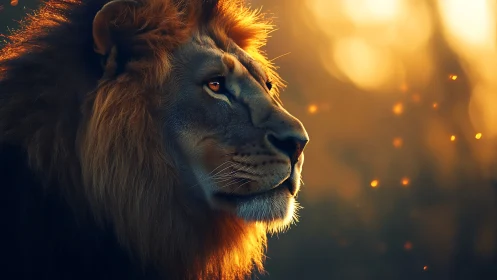 Emberlit lion monarch watching the quiet golden horizon.