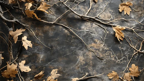 Golden autumn leaves resting on a charcoal forest floor.