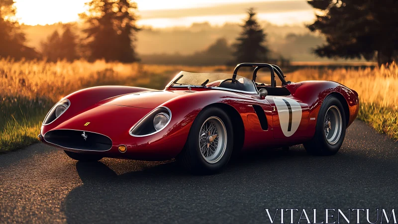 Sunset drive with a vintage red race car on country road.