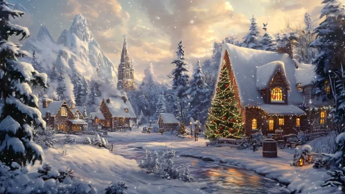 Snow-covered village glows under golden winter sunset light