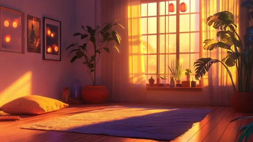 Digital painting of a sunlit minimalist plant-filled studio interior.