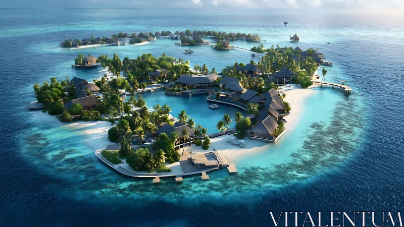 Tropical Island Resort Archipelago with Overwater Bungalows and Lagoon.