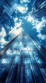 Vertically aligned glass towers reflect dynamic cumulus sky