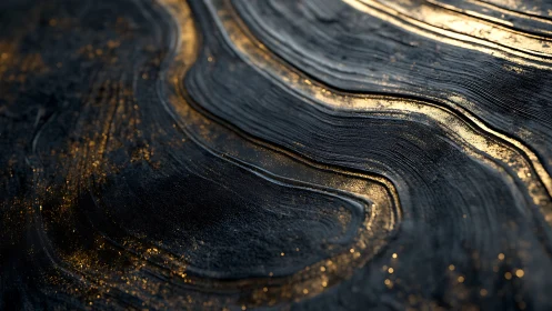 3D abstract strata with gilded contour waves on dark surface.