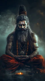 Digital painting of meditative sage in smoky chiaroscuro focus.