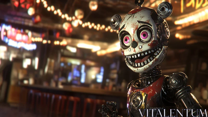 Bloodstained cartoon robot stares in blurred neon bar