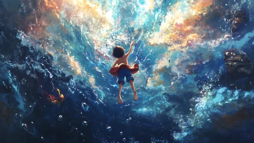 Submerged youth ascending toward refracted celestial surface.