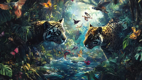 Two Jaguars Observe Mystical Jungle Stream with Flying Wildlife