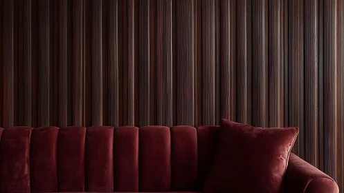 Velvet sofa against fluted walnut wall in low-key interior.