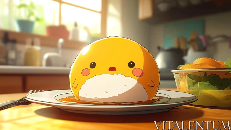 Anthropomorphic egg-rice orb character on breakfast plate.