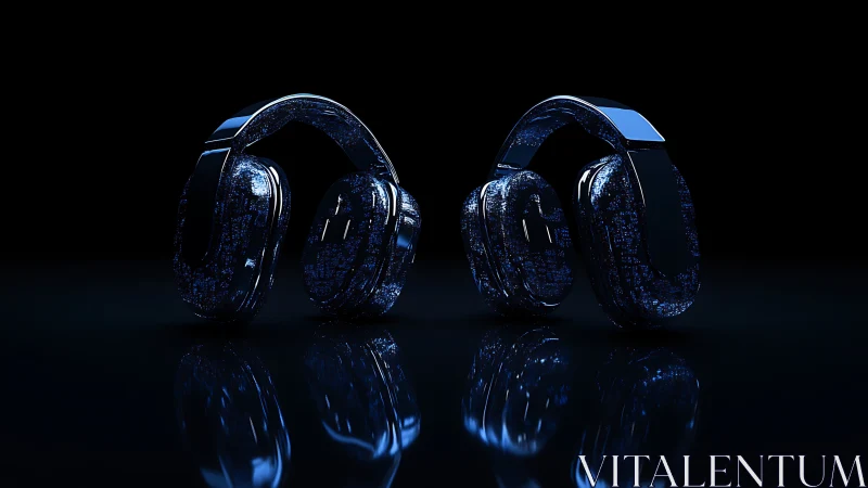 Dual digital headsets with luminous blue circuitry reflections.
