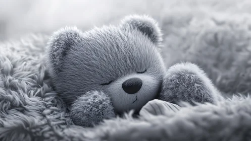 Sleepy silver teddy bear nestled in dreamy soft clouds.