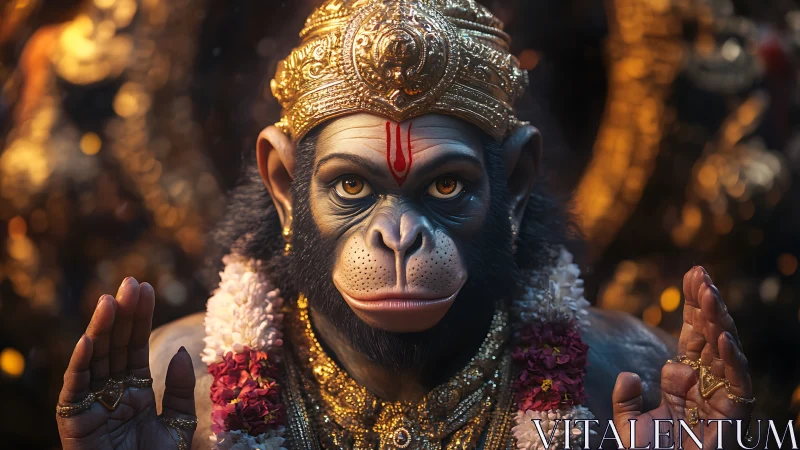 Monkey-headed deity statue with gold crown and garlands