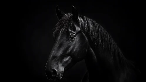 Black horse portrait on dark background in dramatic light.