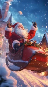 Digital painting of Santa in dynamic snowlit sleigh ascent.