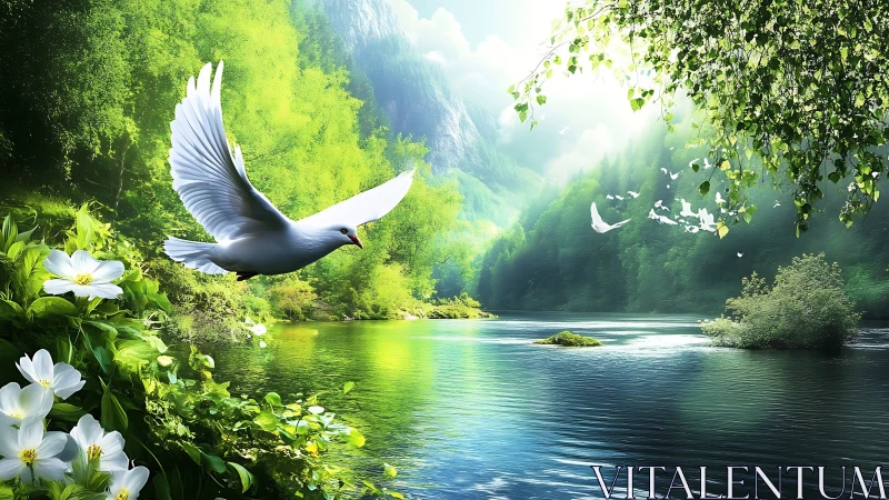 White dove flying over tranquil river in lush green forest, digital art.