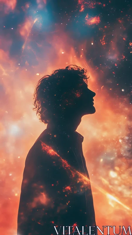 Stargazer silhouette adrift in ember-bright cosmic tides.