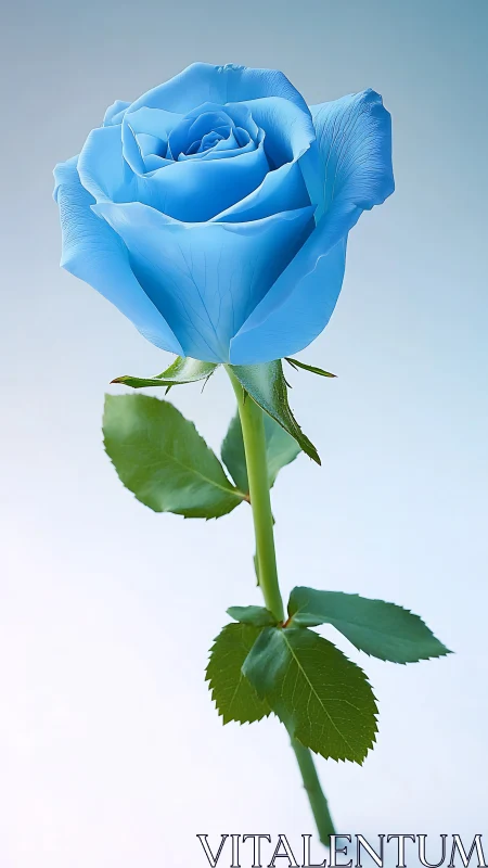 Single blue rose stem against soft gradient backdrop.