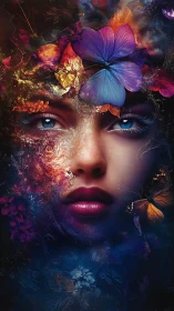 Surreal female portrait with floral fractals and luminous eyes