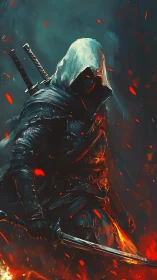 Hooded rogue swordsman rendered in high-contrast fiery palette