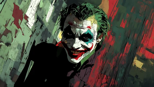 Sinister clown portrait in bold, chaotic painted colors.