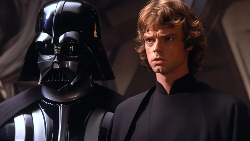 Iconic masked villain and determined hero sharing tense moment.